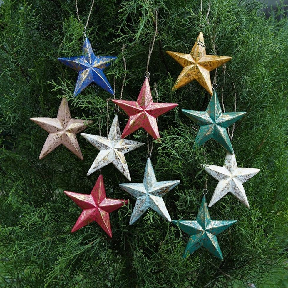 Set of 10 Colorful Wood Star Ornaments with Golden Glitter 'Twinkle Rainbow Star'