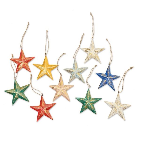 Alternate image for Set of 10 Colorful Wood Star Ornaments with Golden Glitter Twinkle Rainbow Star