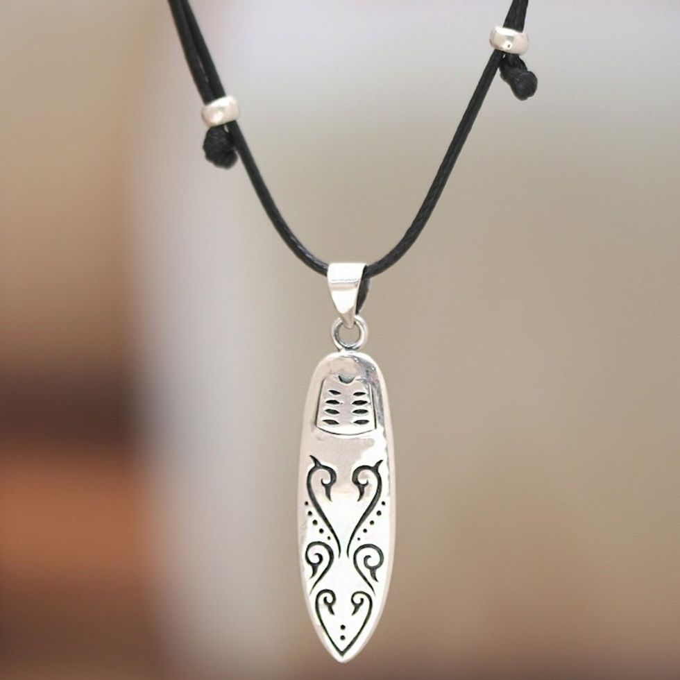Surf Board-Themed Men's Sterling Silver Pendant Necklace 'Bali Surfing'