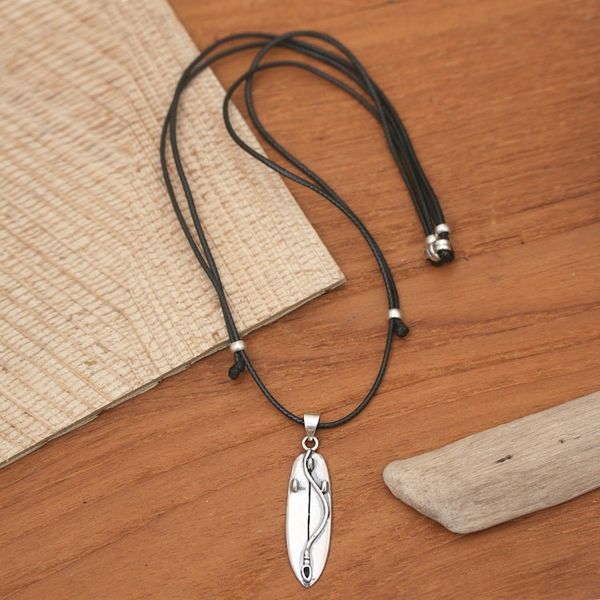 Alternate image for Surf Board-Themed Mens Sterling Silver Pendant Necklace Bali Surfing