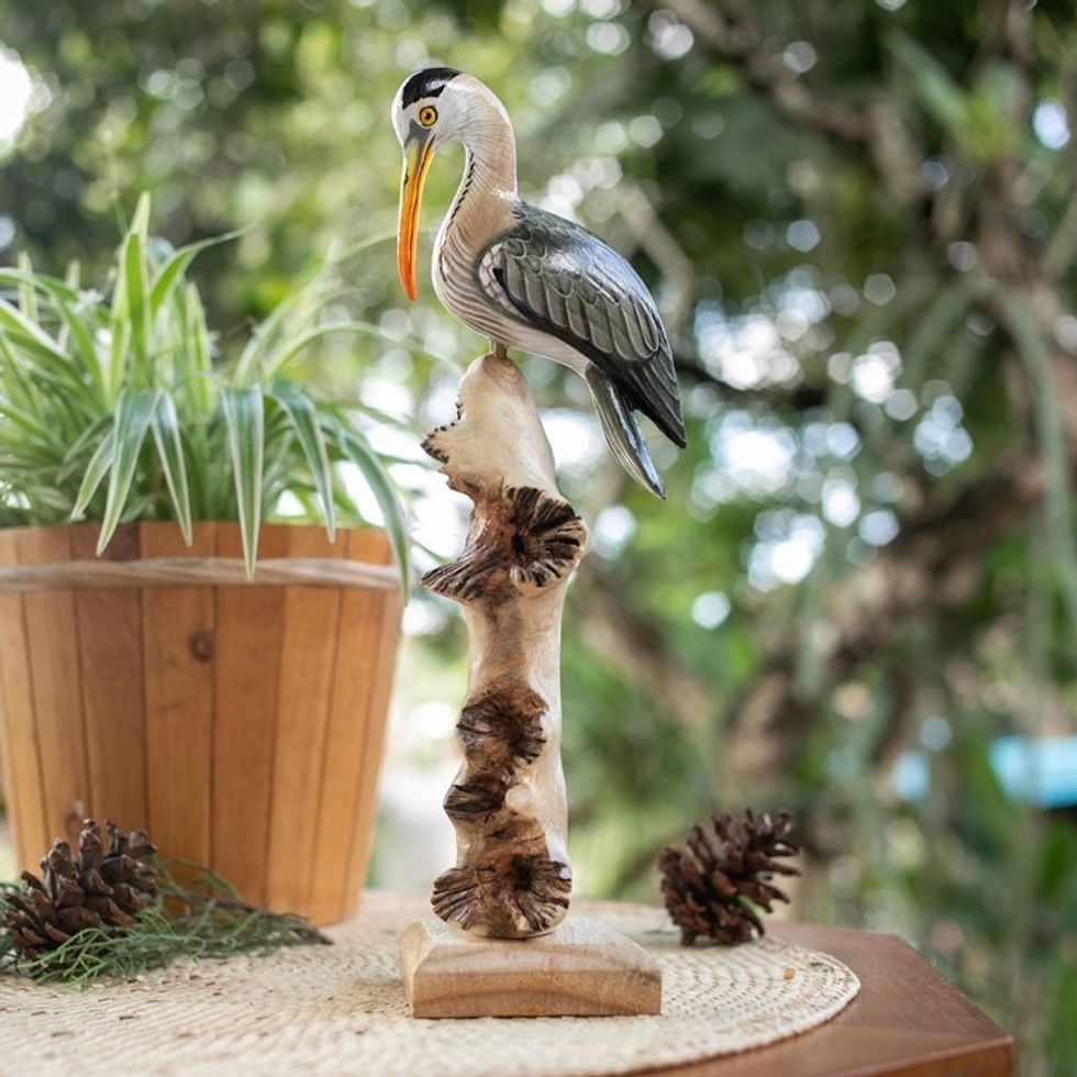 Hand-Painted Nature-Themed Wood Sculpture of a Crane 'Crane Scene'