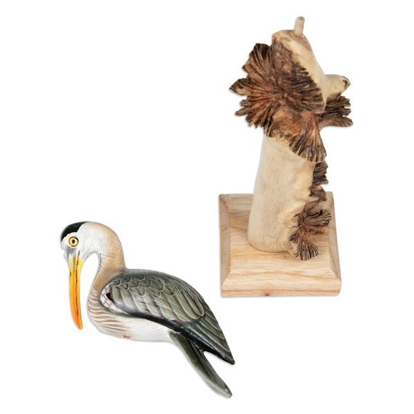 Alternate image for Hand-Painted Nature-Themed Wood Sculpture of a Crane Crane Scene