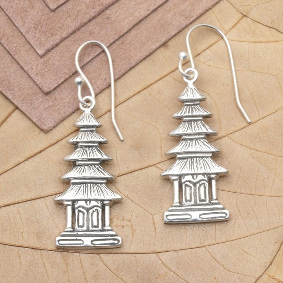 Polished Balinese Temple Sterling Silver Dangle Earrings 'My Temple'