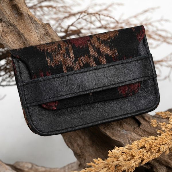 Alternate image for Mens Leather and Ikat Textile Card Holder in a Dark Palette Dark Woven