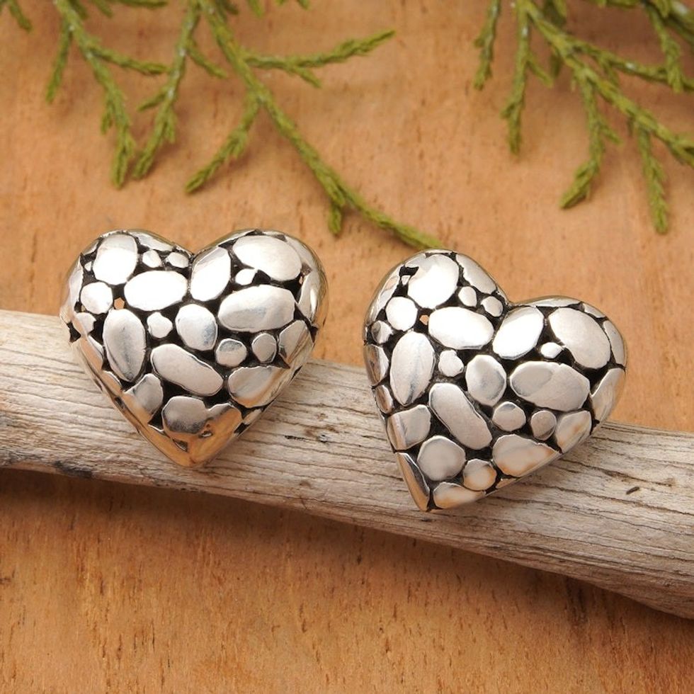 Bubble-Themed Heart-Shaped Sterling Silver Button Earrings 'Bubbling Romance'