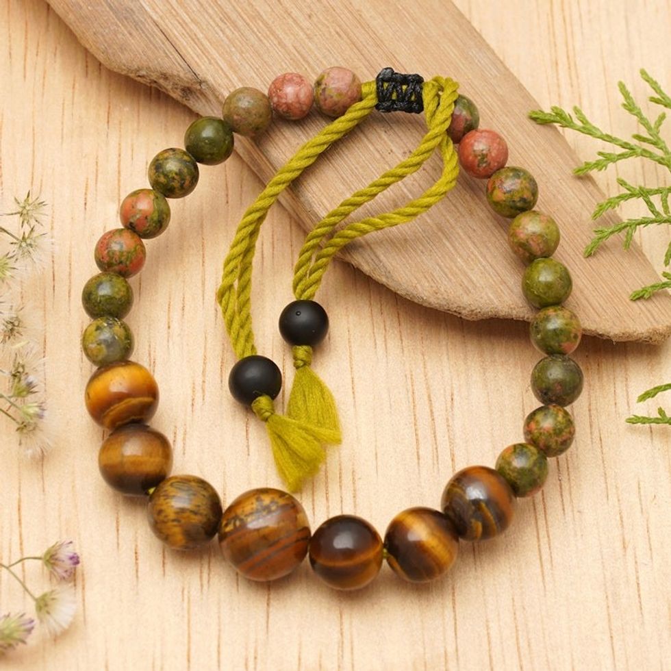 Bohemian Unakite and Tiger's Eye Beaded Bracelet from Bali 'Visions of Courage'