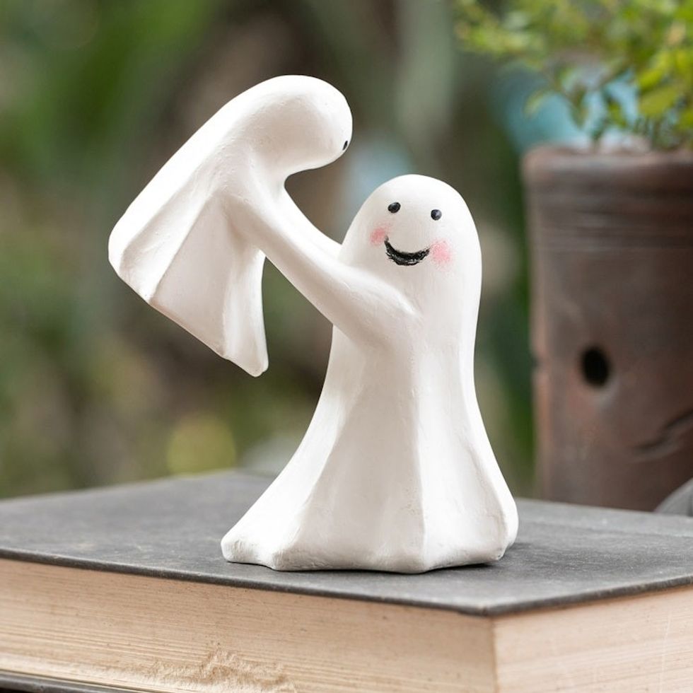 Halloween-Themed Parent and Child Albesia Wood Sculpture 'My Spooky Baby'