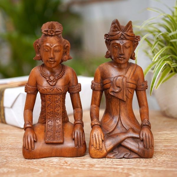 Alternate image for Traditional Balinese 2-Piece Suar Wood Couple Sculpture Set Harmonious Couple