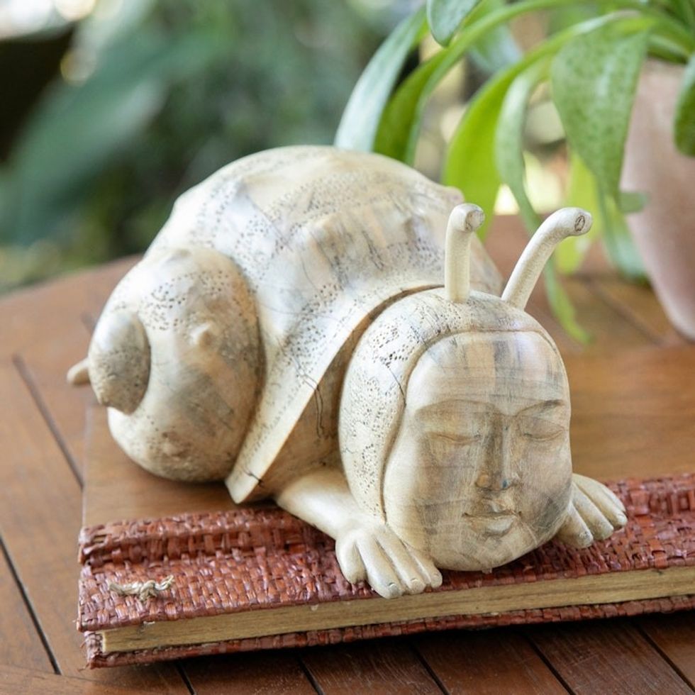 Whimsical Wood Sculpture of a Snail Man Hand-Carved in Bali 'Relaxed Snail Man'