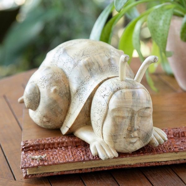 Alternate image for Whimsical Wood Sculpture of a Snail Man Hand-Carved in Bali Relaxed Snail Man