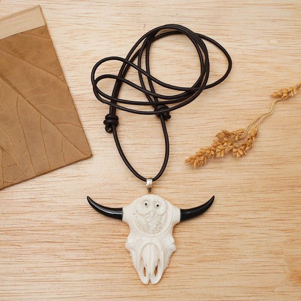 Alternate image for Hand-Carved Owl and Cow Skull-Themed Mens Pendant Necklace Owl at Home
