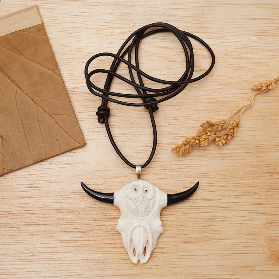 Hand-Carved Owl and Cow Skull-Themed Men's Pendant Necklace 'Owl at Home'