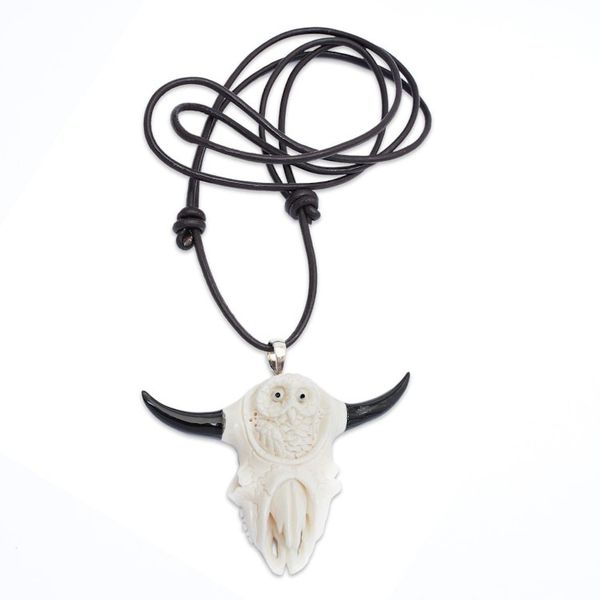 Alternate image for Hand-Carved Owl and Cow Skull-Themed Mens Pendant Necklace Owl at Home