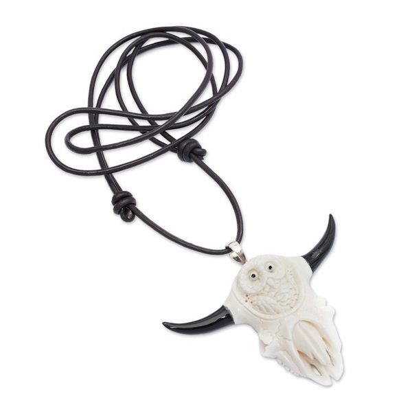 Alternate image for Hand-Carved Owl and Cow Skull-Themed Mens Pendant Necklace Owl at Home