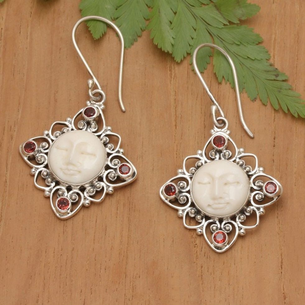 Sterling Silver and Garnet Sleeping Moon Dangle Earrings 'Joy Dream'