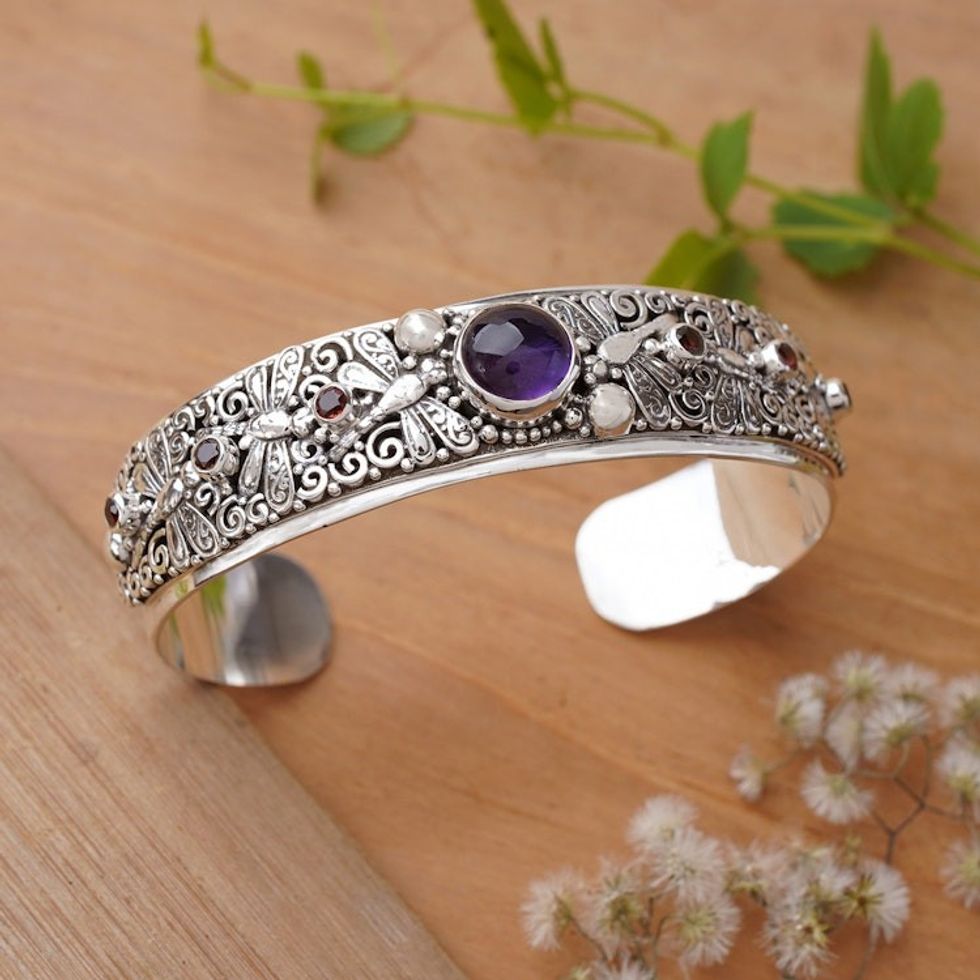 Folk Art-Themed Amethyst and Garnet Dragonfly Cuff Bracelet 'Dragonfly Arcadia'