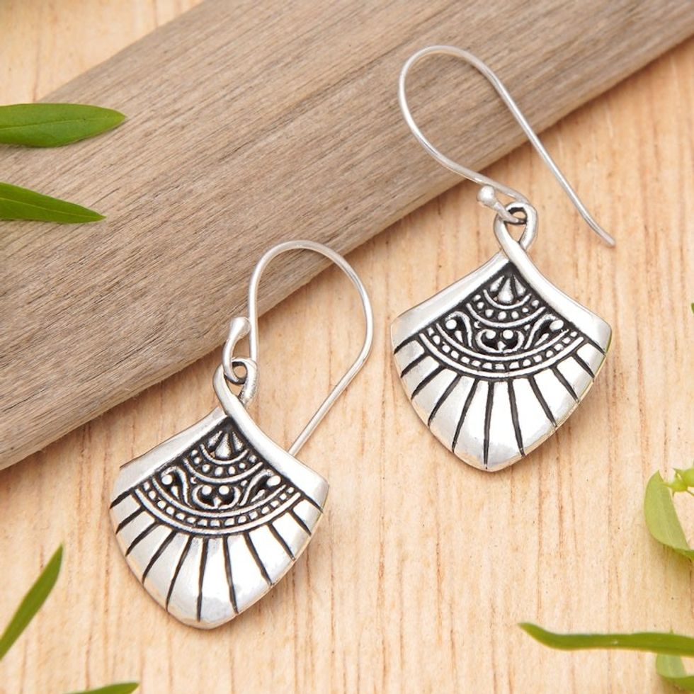 Traditional Fan-Shaped Sterling Silver Dangle Earrings 'Gianyar Morning'