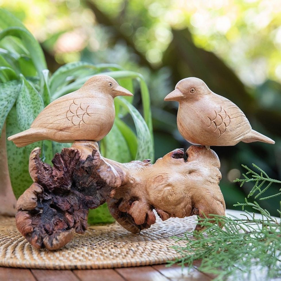Handcrafted Romantic Jempinis and Benalu Wood Bird Sculpture 'Honeymoon Sparrow'