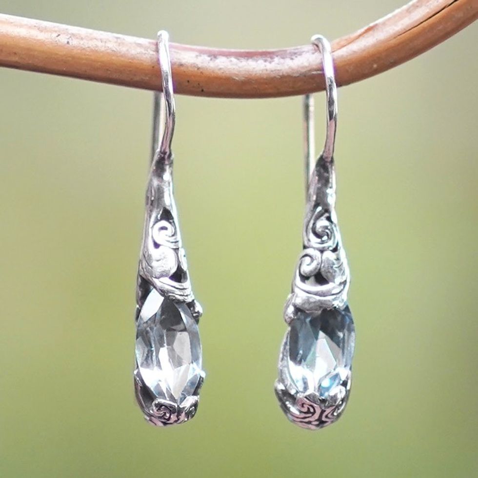Silver Drop Earrings from Bali with Blue Topaz Stones 'Seeds of Evolution'
