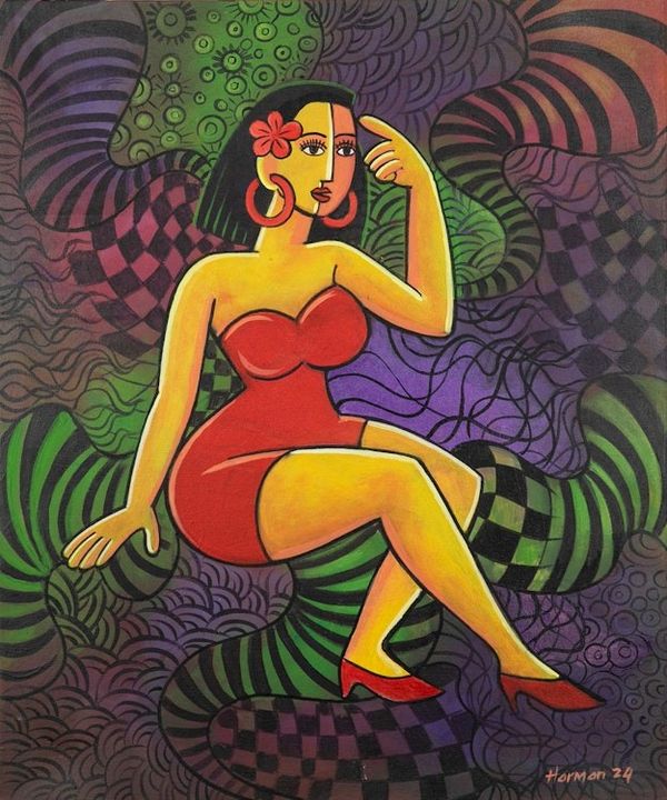 Alternate image for Signed Expressionist Vibrant Acrylic Painting of Woman Thinking