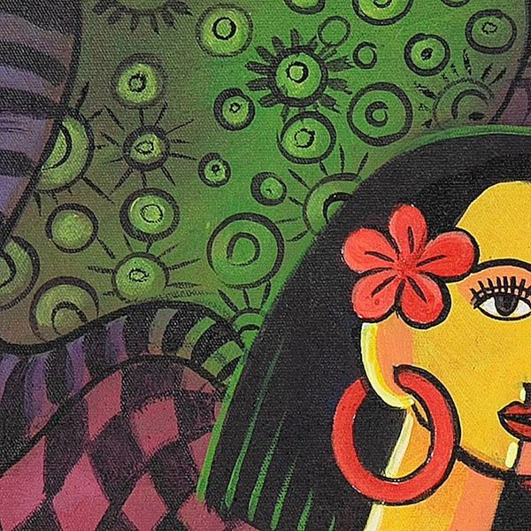 Alternate image for Signed Expressionist Vibrant Acrylic Painting of Woman Thinking