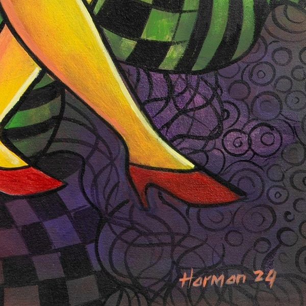 Alternate image for Signed Expressionist Vibrant Acrylic Painting of Woman Thinking