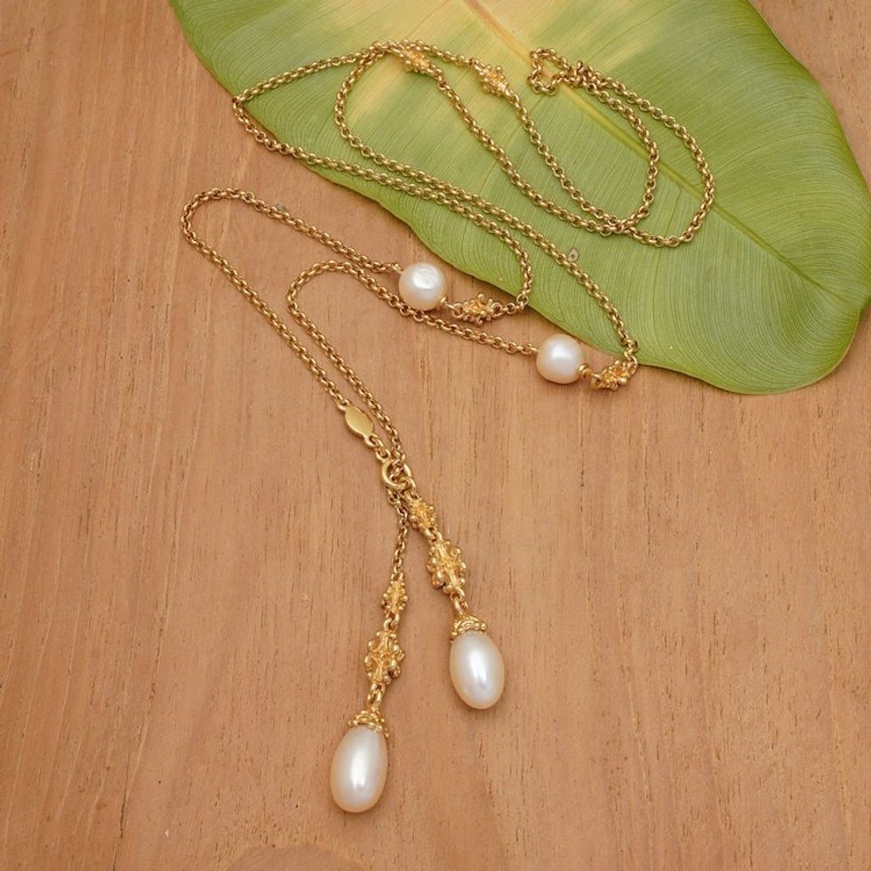 Natural White Pearl Lariat Necklace in 18k Gold Plating 'Ocean Morn'