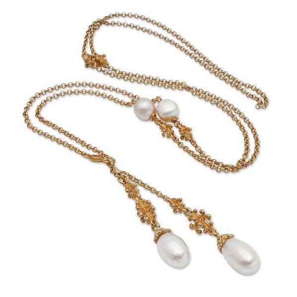 Alternate image for Natural White Pearl Lariat Necklace in 18k Gold Plating Ocean Morn
