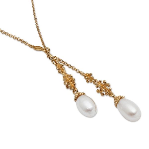 Alternate image for Natural White Pearl Lariat Necklace in 18k Gold Plating Ocean Morn