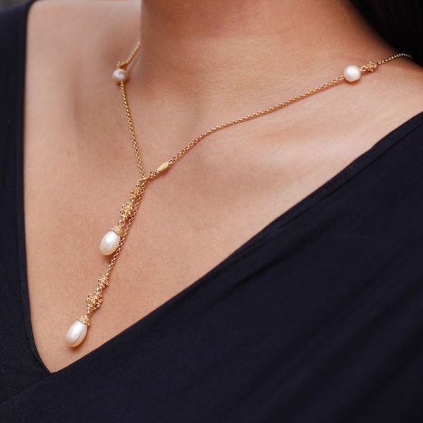 Alternate image for Natural White Pearl Lariat Necklace in 18k Gold Plating Ocean Morn