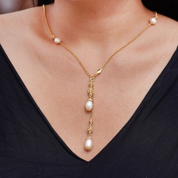Alternate image for Natural White Pearl Lariat Necklace in 18k Gold Plating Ocean Morn