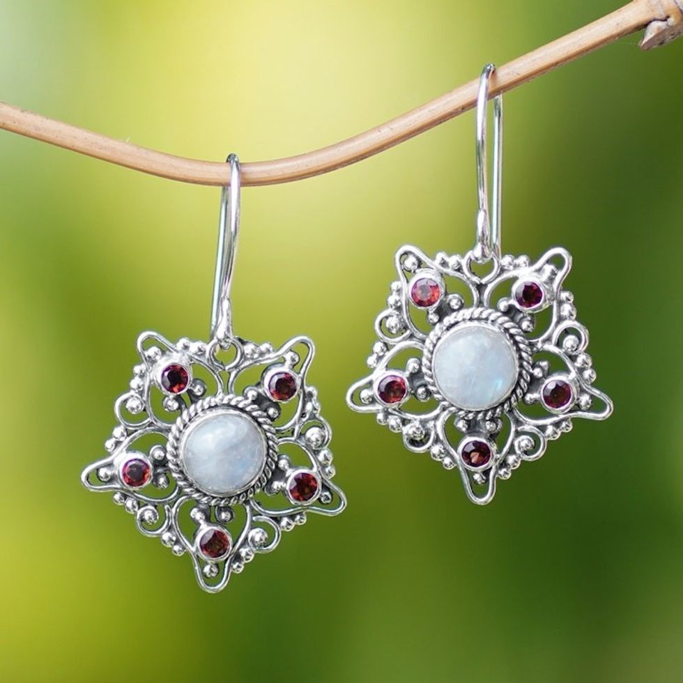 5-Carat Garnet and Rainbow Moonstone Star Dangle Earrings 'Starry Romance'