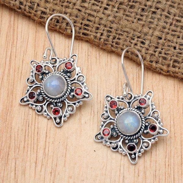 Alternate image for 5-Carat Garnet and Rainbow Moonstone Star Dangle Earrings Starry Romance