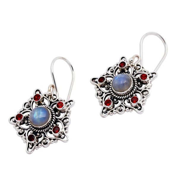 Alternate image for 5-Carat Garnet and Rainbow Moonstone Star Dangle Earrings Starry Romance