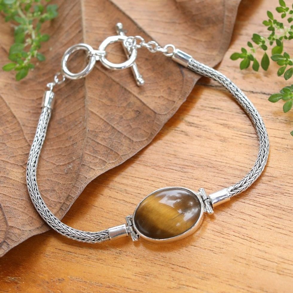 Balinese Sterling Silver and Tiger's Eye Pendant Bracelet 'Fearless Soul'