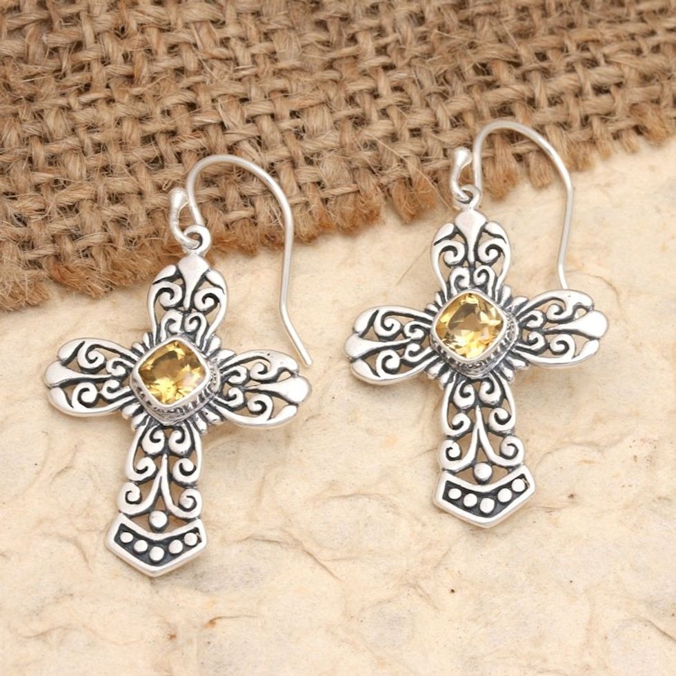 Sterling Silver Cross Dangle Earrings with Citrine Stones 'Cross of Heaven in Yellow'