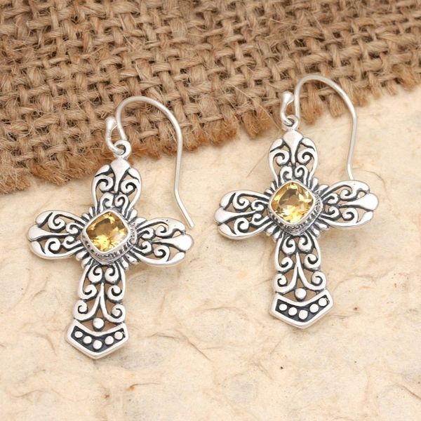 Alternate image for Sterling Silver Cross Dangle Earrings with Citrine Stones Cross of Heaven in Yellow