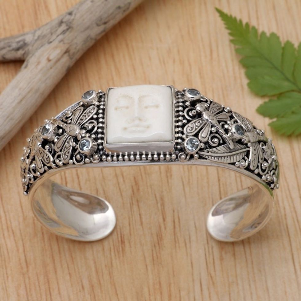Dragonfly-Themed Faceted Four-Carat Blue Topaz Cuff Bracelet 'Dragonfly Heaven'