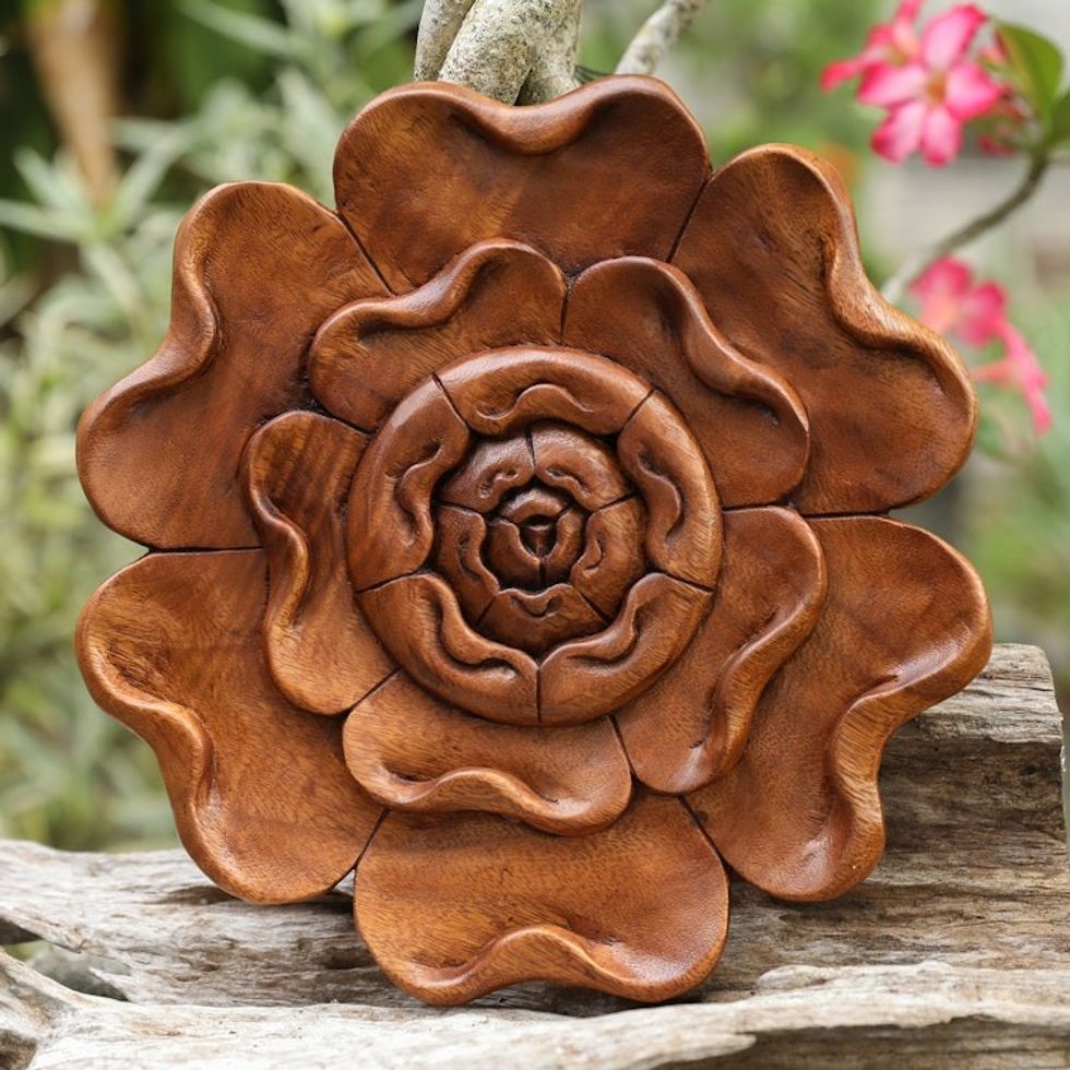 Balinese Hand-Carved Wood Wall Rafflesia Flower Relief Panel 'Rafflesia Radiance'