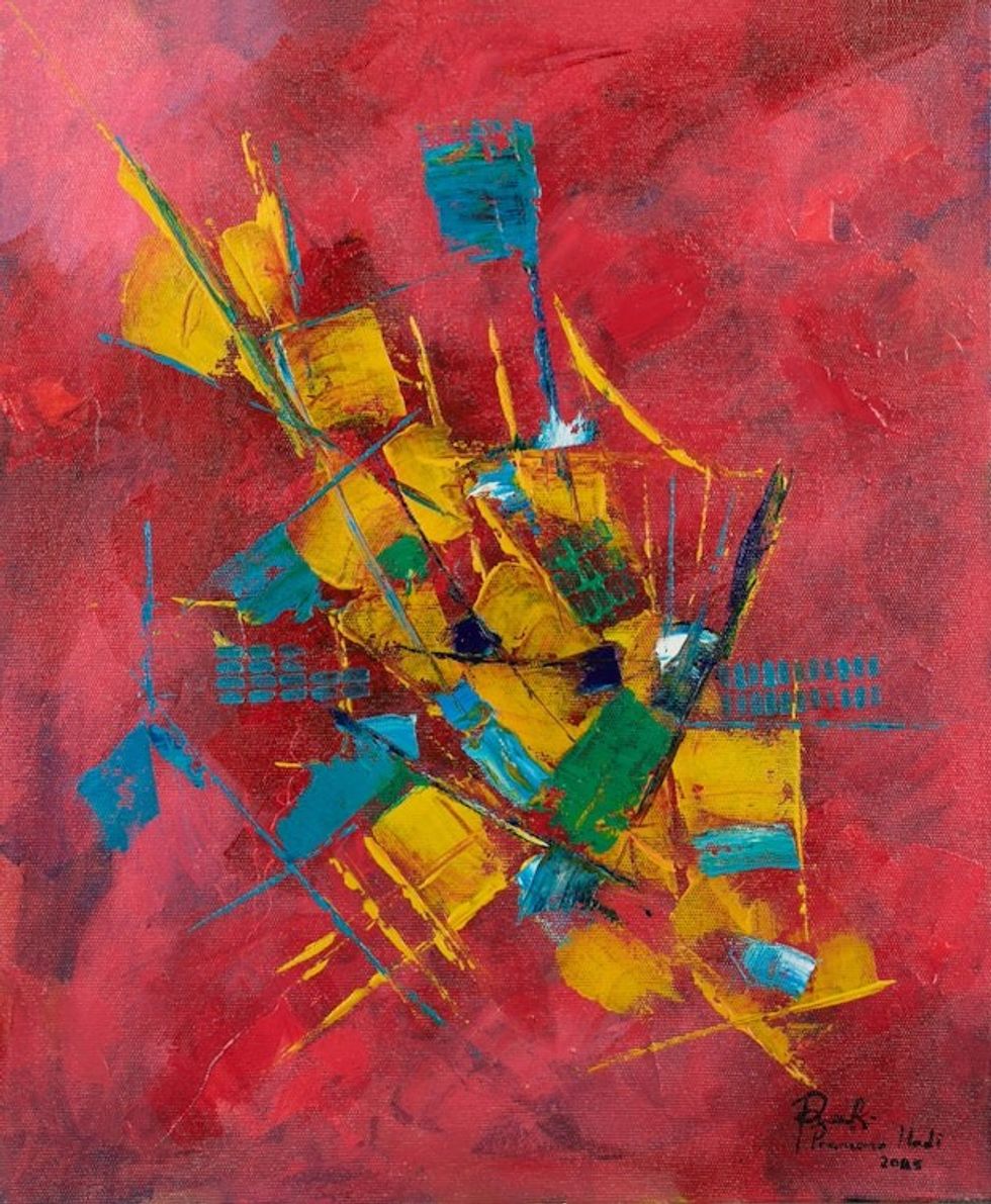 Red Yellow Blue and Green Modern Abstract Acrylic Painting 'Sailing'