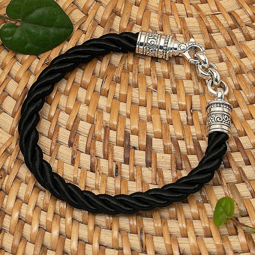 Balinese Artisan-Made Black Sterling Silver Pendant Bracelet 'Hero of Islands'