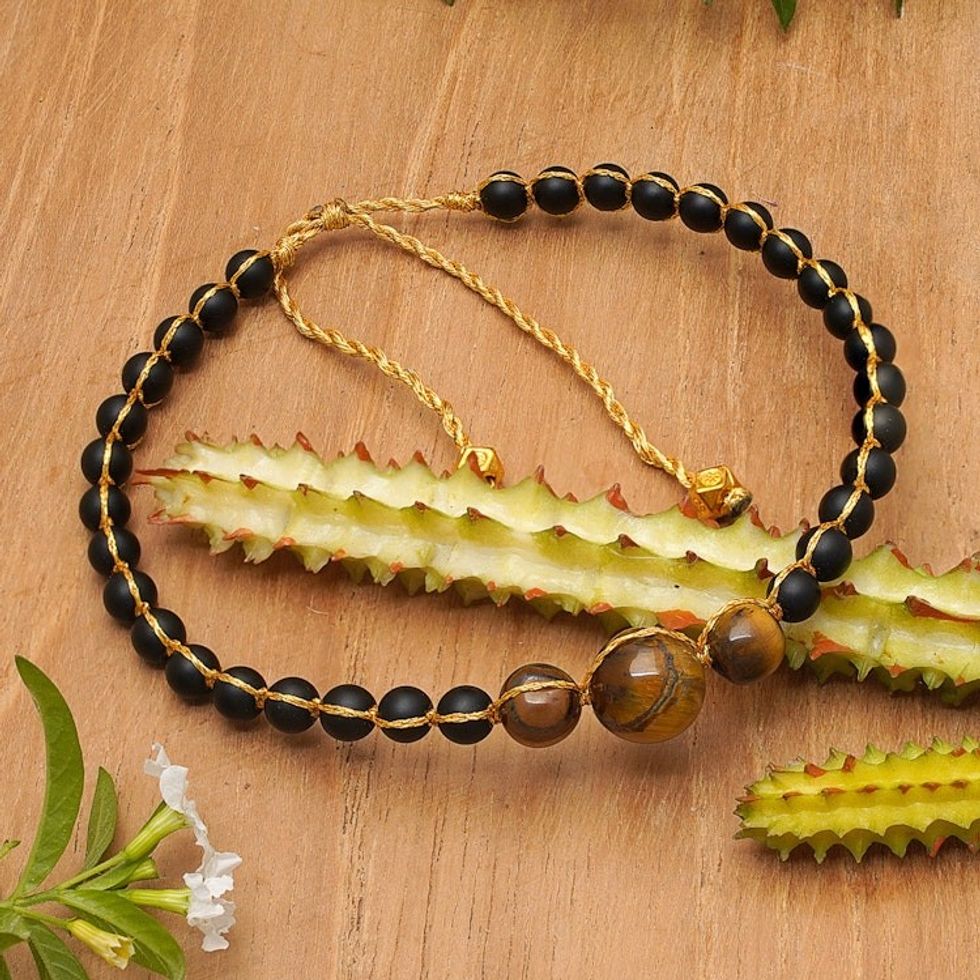 Gold-Accented Onyx and Tiger's Eye Beaded Bracelet from Bali 'Chakra of Earth'