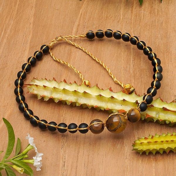 Alternate image for Gold-Accented Onyx and Tigers Eye Beaded Bracelet from Bali Chakra of Earth