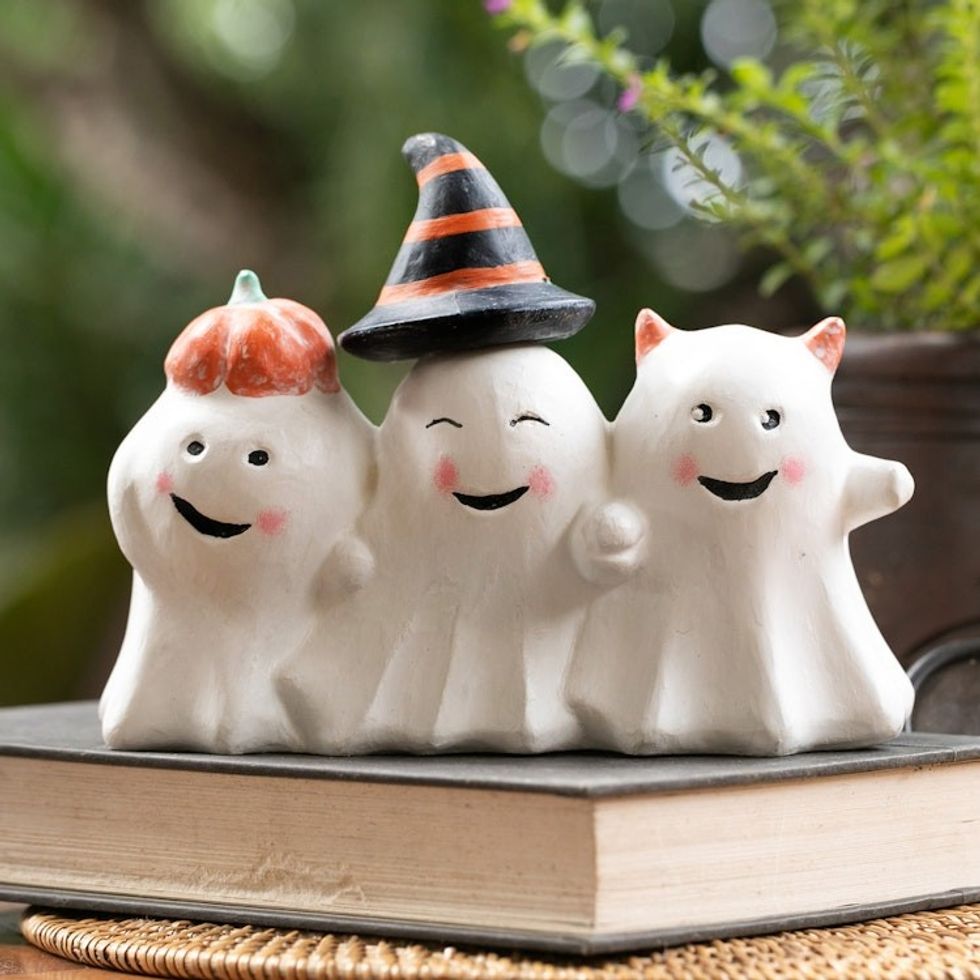 Halloween-Themed Distressed Wood Sculpture of Three Ghosts 'Cheeky Halloween Trio'
