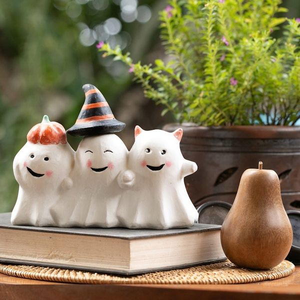 Alternate image for Halloween-Themed Distressed Wood Sculpture of Three Ghosts Cheeky Halloween Trio