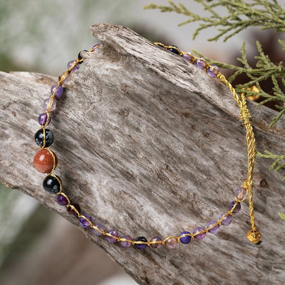 Amethyst and Obsidian Beaded Bracelet with Golden Accents 'Sagacious Mind'