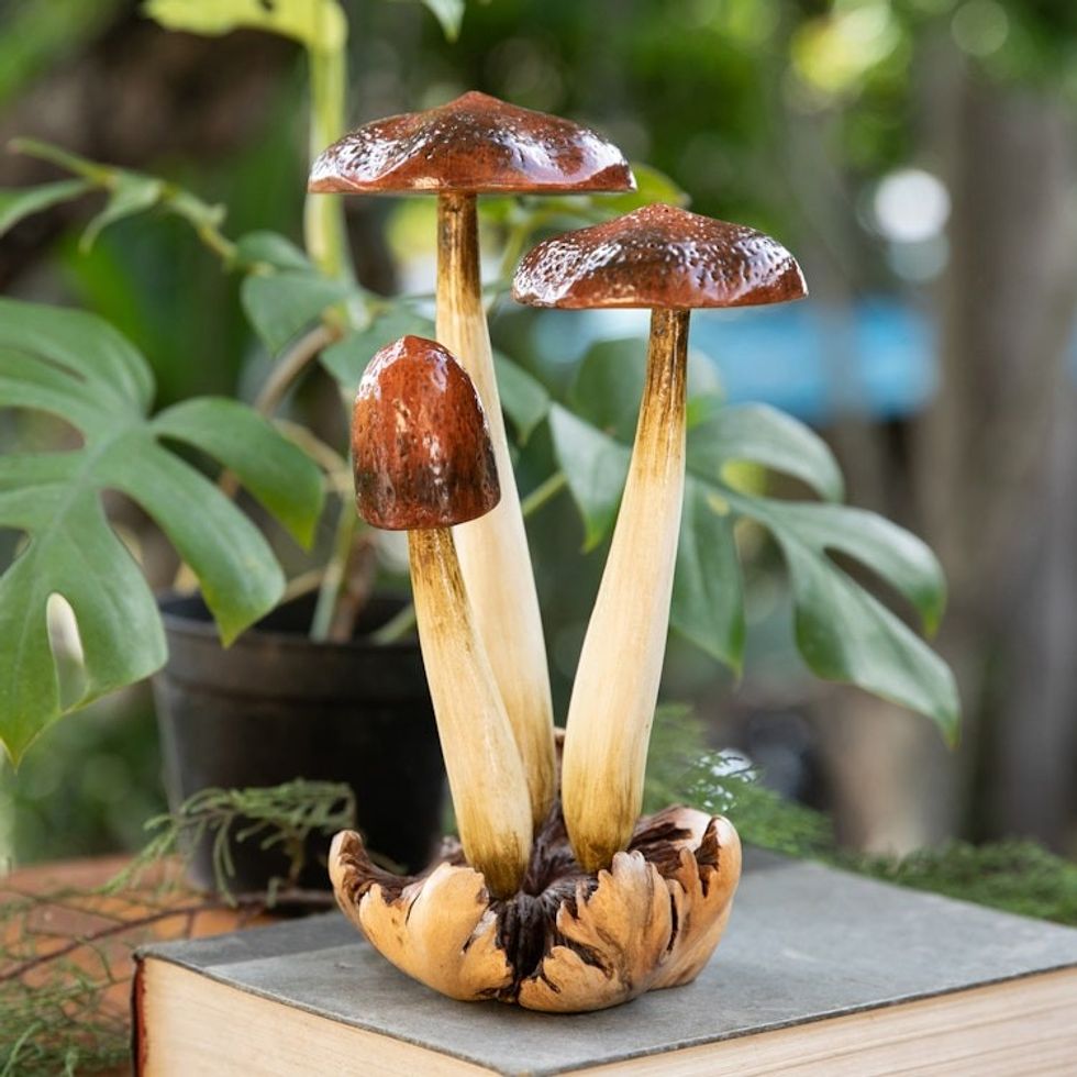 Hand-Painted Wood Sculpture with Mushroom Motifs from Bali 'Wild Suillus Mushroom'