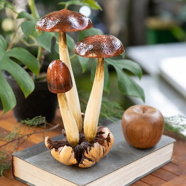 Alternate image for Hand-Painted Wood Sculpture with Mushroom Motifs from Bali Wild Suillus Mushroom