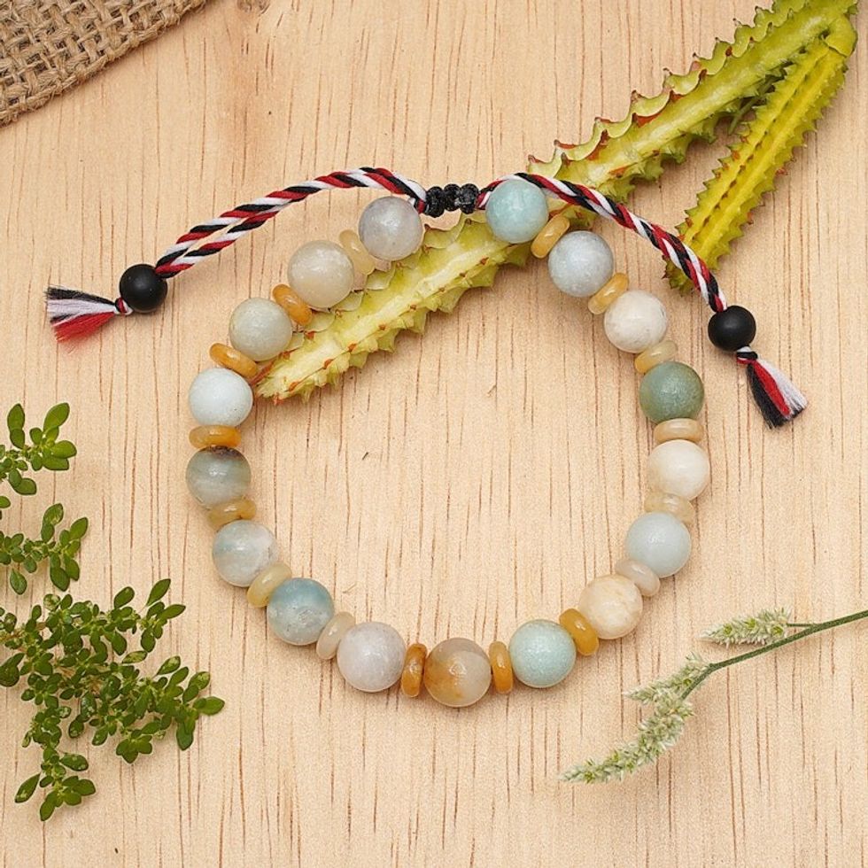 Yoga Tridatu Amazonite and Onyx Beaded Men's Bracelet 'Tridatu Harmony'