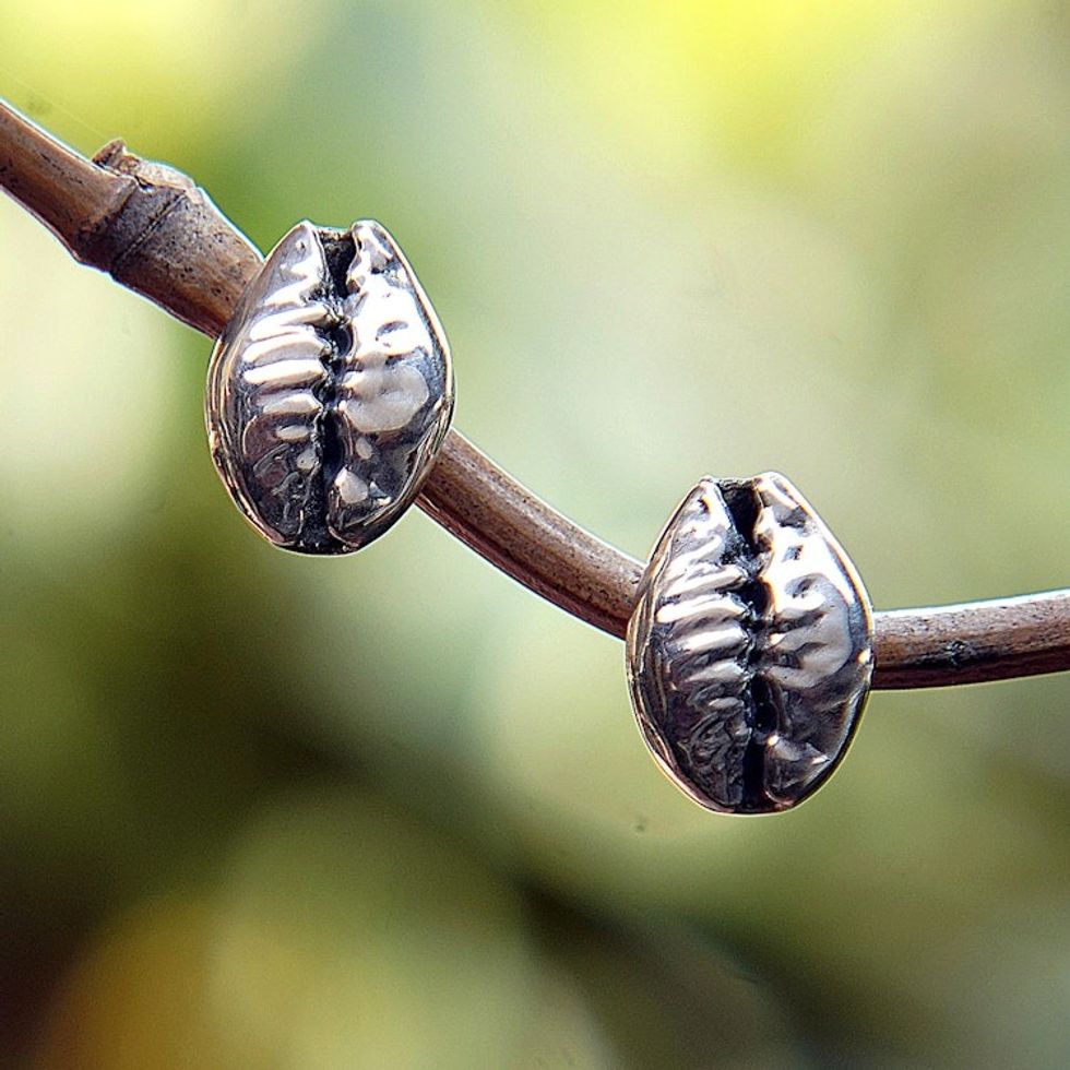 Coffee Bean-Shaped Sterling Silver Button Earrings from Bali 'Coffee Beans'